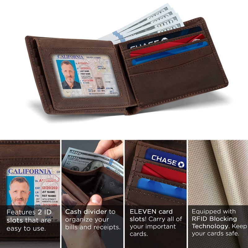 SERMAN BRANDS 2 ID Window Wallet for Men RFID Blocking Leather, Bifold Top Flip, Extra Capacity Travel Wallet (Texas Brown Executive) - Image 4